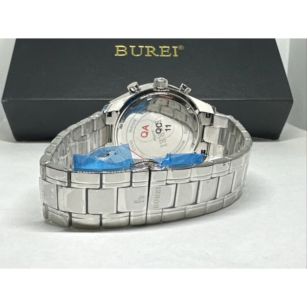 Burei B-7005 Men's Silver Stainless Steel Analog White Dial Quartz Watch XOB26